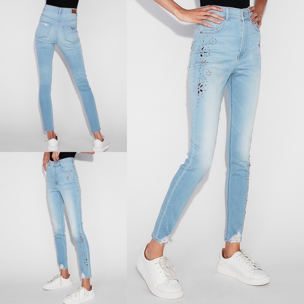 Express Ankle Legging Super High Rise Embellished Skinny Jeans Blue 4R Stretch